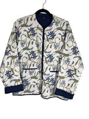 Colorful Quilted Floral Reversible Jacket Blue L Cottage Preppy Artsy Boho Chic